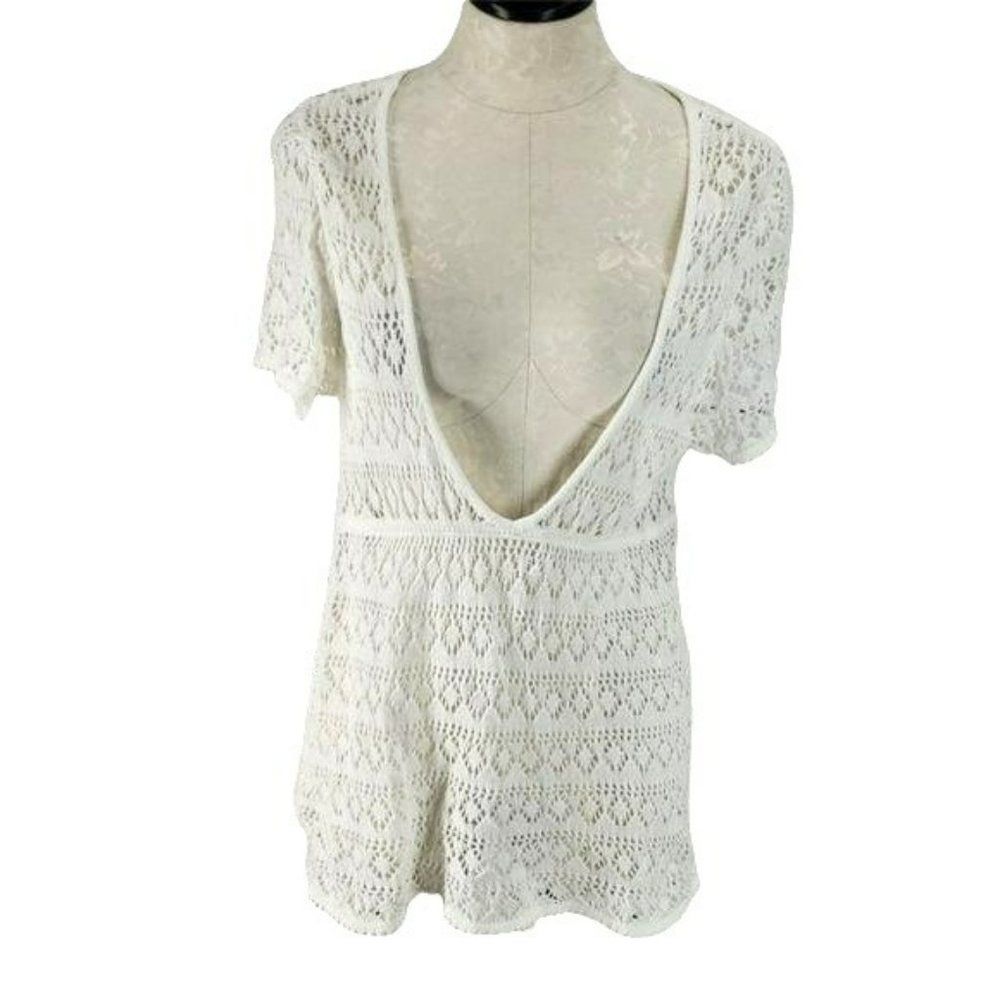 Stamp 10 Deep V white Crochet Swimsuit coverup‎